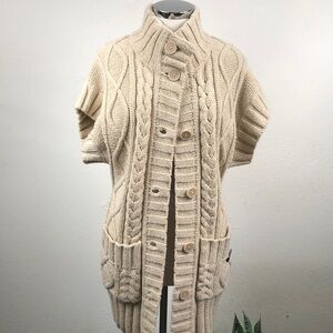 Medium Rough Hewn Wool Blend Cable Knit Chunky Sweater Vest Big buttons Cream
